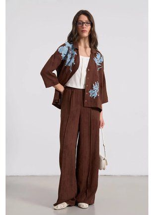RicaMare women's suit with applique, linen, brown L